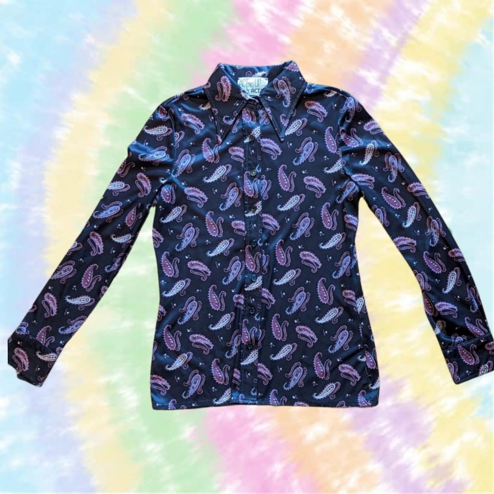 Vintage 70s dagger collar paisley purple button down union made